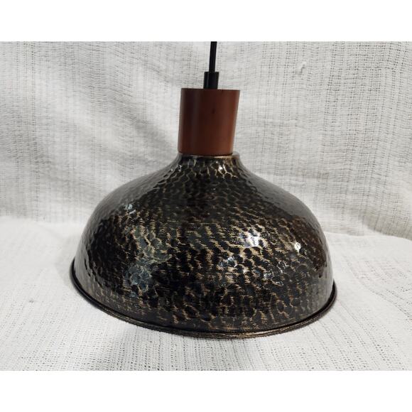 12″ Hammered Bronze Gold Pendant Light – Wood Accent, 52″ Drop - Picture 2 of 11